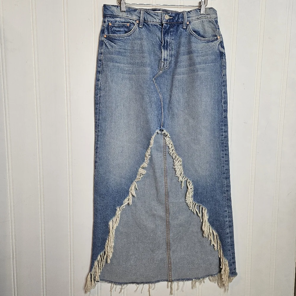 MOTHER Maxi Denim Skirt Womens Sz 29 Blue Denim Ditcher Maxi Fray Slit Rodeo - Picture 2 of 16